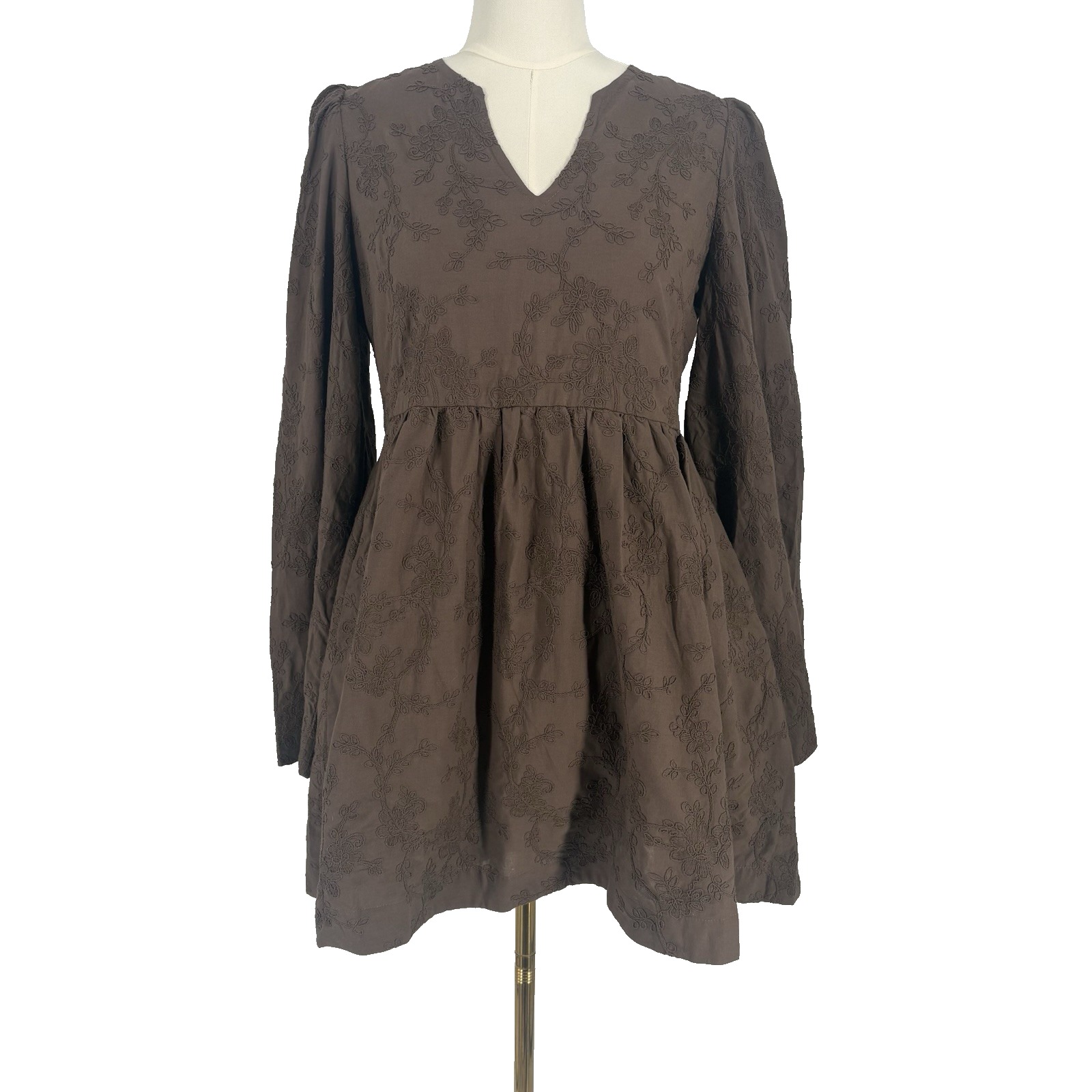 Hyacinth House Textured Becca Bell Sleeved Mini Dress Medium Brown Embroidered